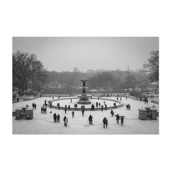 Bethesda Fountain Winter B&W - Manhattan New York Photography Winter Snow Black and White Cityscape Scenic Street Photography Architecture Unframed Wall Art Print 20 x 28 inches