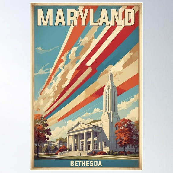 Bethesda Maryland Usa Vintage Travel Tourism Poster Wall Art, Modern Wall Decor For Living Room Bedroom, 16x24 UNFRAMED