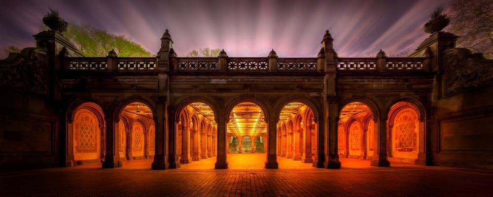 Bethesda Terrace in Central Park at dusk Manhattan New York City New York State USA Canvas Art - Panoramic Images (12 x 30)