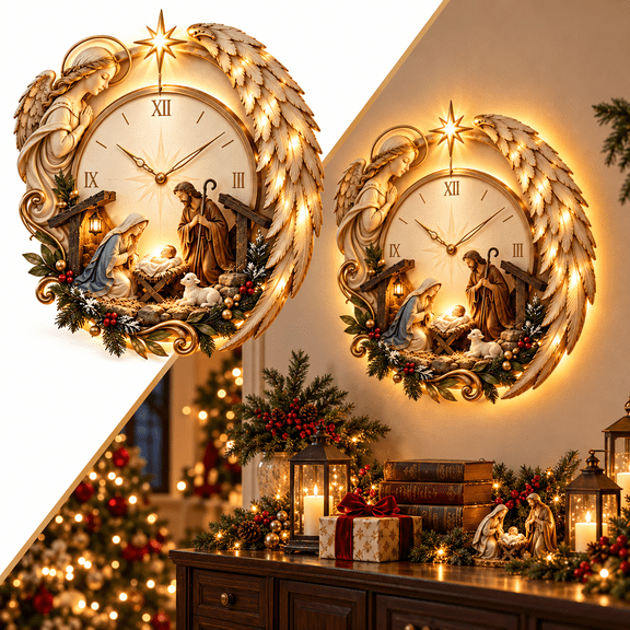 Bethlehem Angel Nativity Glow Clock, Lighted Christian Christmas Wall Clock with Holy Family Scene, Angel Wing and Star of Bethlehem, Silent Religious Wall Decor for Living Room Entryway Gift