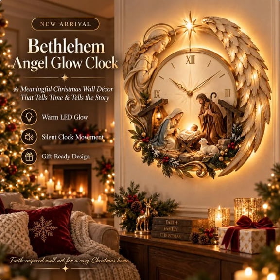 Bethlehem Angel Nativity Glow Clock,Lighted Christmas Wall Clock with Angel and Star Design,Festive Faith-Inspired Decor for Home Display