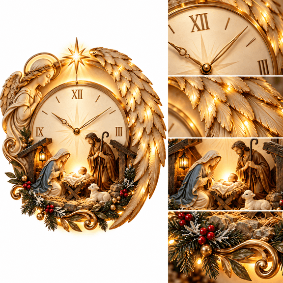 Bethlehem Angel Nativity Glow Clock, Lighted Religious Christmas Wall Clock with Mary Joseph Baby Jesus, Golden Angel Wing and Bethlehem Star, Faith Inspired Home Decor for Living Room Gift