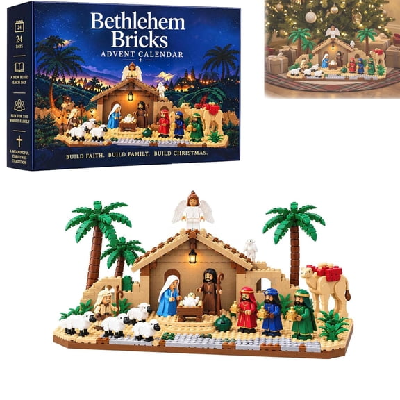 Bethlehem Bricks Nativity Advent Calendar 2026 Building Set, 24-day countdown Nativity scene building set with cozy warm light, detailed figures & stable for festive mantle display