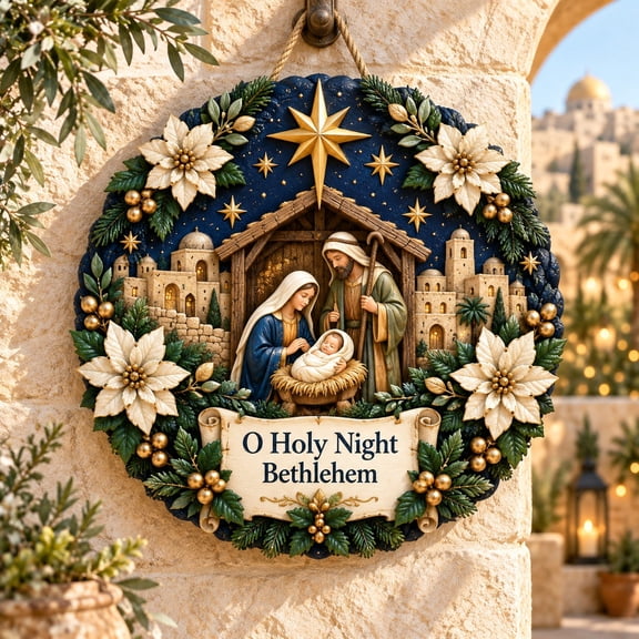 Bethlehem Night Nativity Wreath Wooden Door Sign for Christian Christmas Entryway