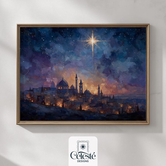 Bethlehem Night Skyline Print, Nativity Star Home Decor #663, 12x18 UNFRAMED