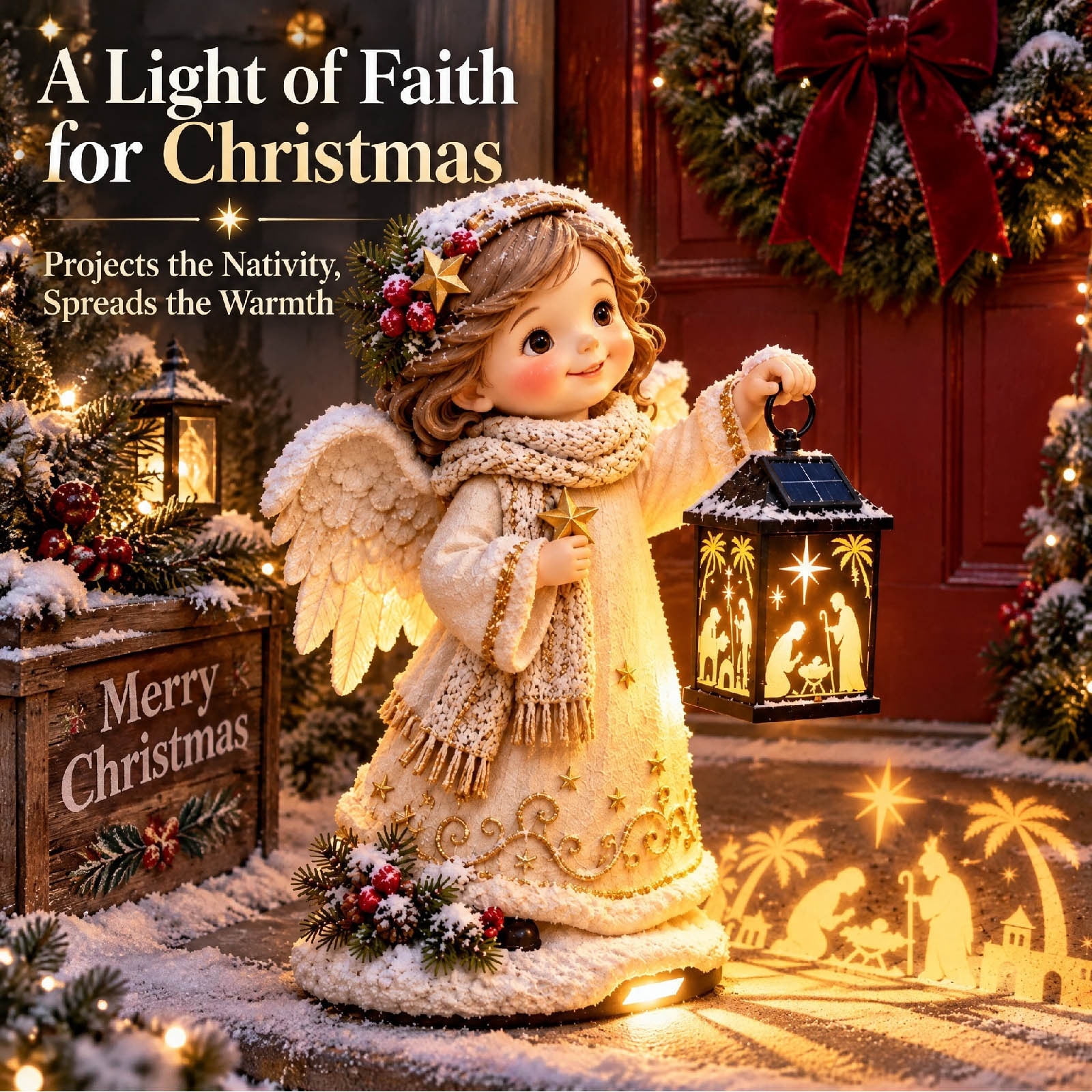 Bethlehem Solar Nativity Projection Lantern, Resin Figurine With Ground ...