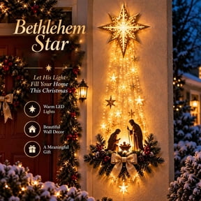 Bethlehem Star of Faith Lighted Nativity Wall Decor, LED Christmas Wall Hanging with Holy Family Scene and Warm Lights for Home, Fireplace and Entryway