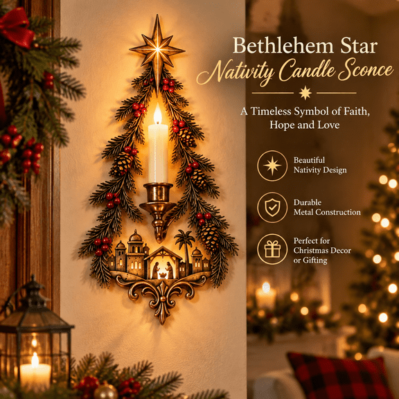 Bethlehem Star Nativity Candle Sconce, Christmas Wall Decor with Tree Shaped Relief and Classic Holy Night Details, Festive Hanging Ornament for Home Holiday Decoration and Christmas Gifting