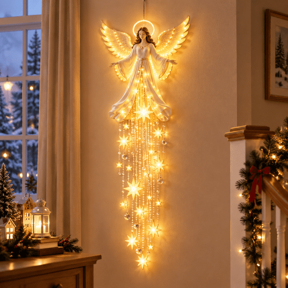 Bethlehem Star Wall Light, Angel Wall Light, Christmas Wall Lights with Starfall LED Glow, Angel Blessing Starfall Hanging Decor with Warm White Light for Bedroom Home