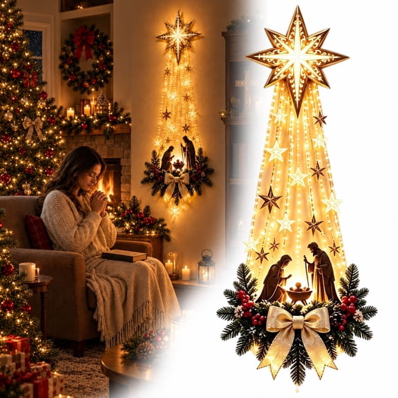 Bethlehem Star of Faith Light, Lighted Nativity Wall Decor Glowing Christmas Hanging Ornament, Warm Glow Christian Symbol for Wall, Fireplace