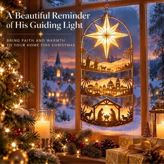 Bethlehem Star of Faith Lighted Nativity, Nativity Scene Christmas Window Decorations, Religious Theme Christmas Decorations for Living Room, Window