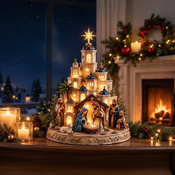 Bethlehem Star of Faith Lighted Nativity Tabletop Decor, Nativity Set, Nativity Sets and Figures, Lighted Church Tower, Warm LED