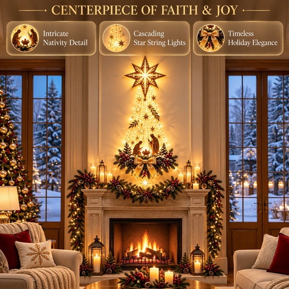 Bethlehem Star of Faith Lighted Nativity Wall Decor, 3D Gold Manger Scene with Warm LED, Indoor Outdoor Christian Holiday Hanging B