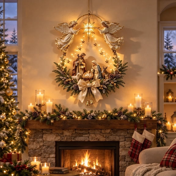 Bethlehem Star of Faith Lighted Nativity Wall Decor, Christmas Decorations, Holy Family Scene with Warm Lights for Fireplace Entryway(A)