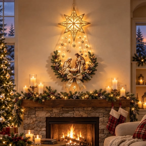 Bethlehem Star of Faith Lighted Nativity Wall Decor, Christmas Decorations, Holy Family Scene with Warm Lights for Fireplace Entryway(A)
