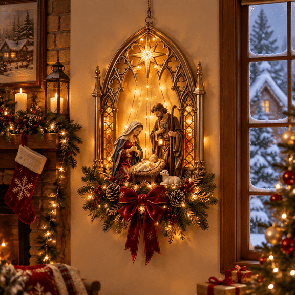 Bethlehem Star of Faith Lighted Nativity Wall Decor, LED Christmas Hanging with Holy Family Scene & Warm Lights for Home, Fireplace and Entryway