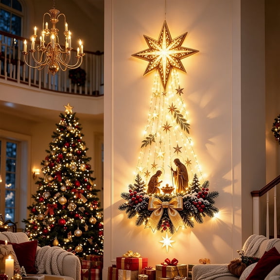 Bethlehem Star of Faith Lighted Nativity Wall Decor, Warm LED Christmas Hanging, Gold, Indoor Outdoor, Meaningful Holiday Gift B