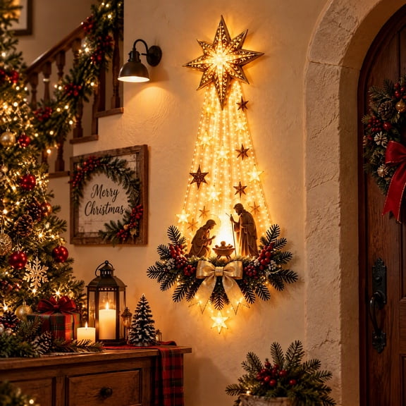 Bethlehem Star of Faith Lighted Nativity Wall Decor with Warm LED Lights, Christmas Decorations
