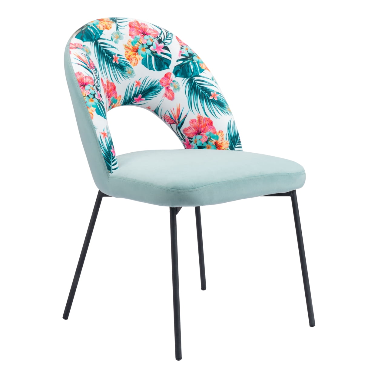 Green Velvet and Floral Print Side Chair with Metal Legs