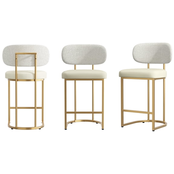 Betisef Counter Height Bar Stools Set of 3, Bar Stools with Rounded Back and Gold Metal Frame, Modern Kitchen Island Stools with Footrest for Dining Room, Breakfast Bar, Beige