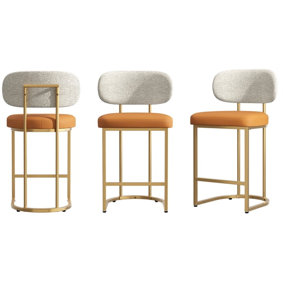 Betisef Counter Height Bar Stools Set of 3, Bar Stools with Rounded Back and Gold Metal Frame, Modern Kitchen Island Stools with Footrest for Dining Room, Breakfast Bar, Orange