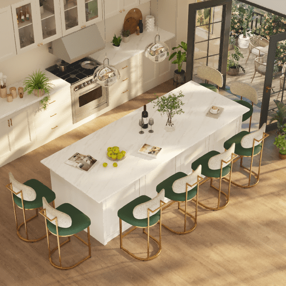 Betisef Counter Height Bar Stools Set of 8, Bar Stools with Rounded Back and Gold Metal Frame, Modern Kitchen Island Stools with Footrest for Dining Room, Breakfast Bar, Green