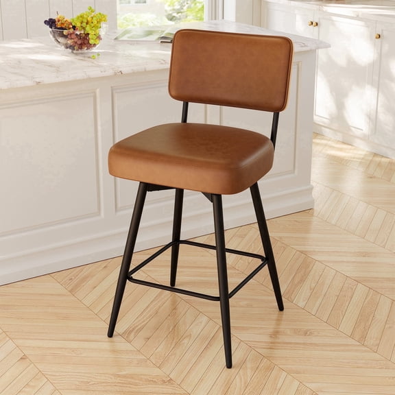 Betisef Set of 1 Counter Height Swivel Bar Stools with Back, PU Leather Upholstered Kitchen Island Stools, Thick Cushion Seat, 360° Swivel, 400 lbs Capacity for Dining Room, Brown