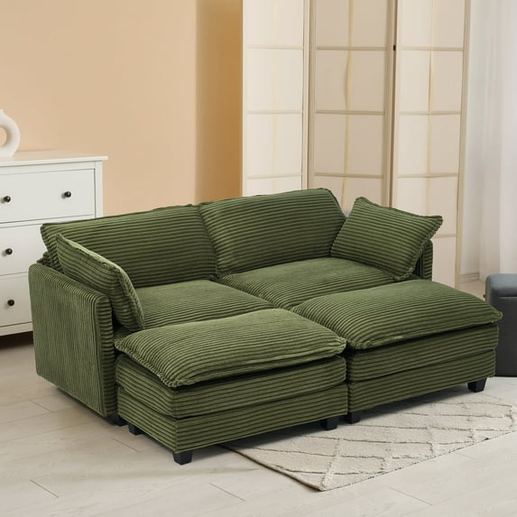 Betisef Modular Sectional Sofa W/ Deep Seat,Freely Combined Comfy Corduroy Couch,Arm Chair W/ Pillows for Living Room, Apartment,L-Shaped 2-seat Oversized Sofa W/ Double Movable Ottoman Green