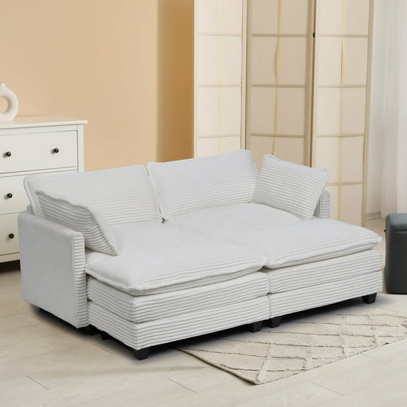 Betisef Modular Sectional Sofa W/ Deep Seat,Freely Combined Comfy Corduroy Couch,Arm Chair W/ Pillows for Living Room, Apartment,L-Shaped 2-seat Oversized Sofa W/ Double Movable Ottoman White