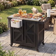Betisef Outdoor Kitchen Cart with Stainless Steel Top, Rolling BBQ Prep Table with Storage Cabinet, Foldable Trash Bin & Towel Rack, Portable Grill Cart with Lockable Wheels for Patio Backyard
