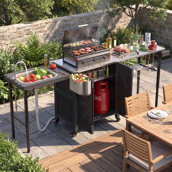 Betisef Outdoor Kitchen Island with Stainless Steel Top, Foldable Sink, Expandable Side Tables & Storage, Rolling BBQ Prep Table Grill Cart with Lockable Wheels for Patio Backyard Garden