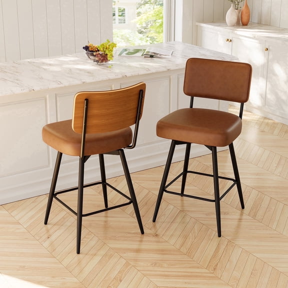 Betisef Set of 2 Counter Height Swivel Bar Stools with Back, PU Leather Upholstered Kitchen Island Stools, Thick Cushion Seat, 360° Swivel, 400 lbs Capacity for Dining Room, Brown