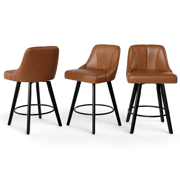 Betisef Swivel Bar Stools Set of 3, Counter Height Bar Stools with Back, PU Leather Upholstered Kitchen Island Stools, 360° Swivel, Rubberwood Legs, Thick Cushion Seat, for Dining Room Brown