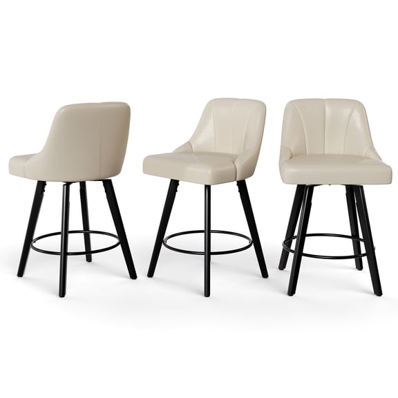 Betisef Swivel Bar Stools Set of 3, Counter Height Bar Stools with Back, PU Leather Upholstered Kitchen Island Stools, 360° Swivel, Rubberwood Legs, Thick Cushion Seat, for Dining Room Beige