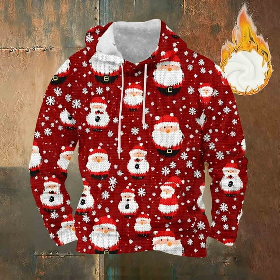 Betivan Christmas Sweatshirt, Ugly Men Hooded Drawstring Pullover with Pockets Knit Long Sleeve Shirt Vintage Xmas Sweatshirt Pullover for Party Holiday