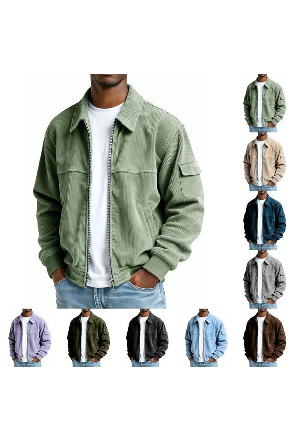 Corduroy Shirt Men Casual Zip Up Flannel Shirt Shackets Long Sleeve Collared Vintage Jackets with Pockets