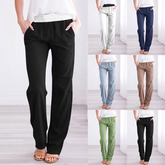 Betivan Cotton Linen Pants for Women Drawstring Casual High Waisted Pull On Straight Leg Trousers with Pockets