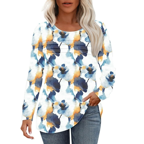 Betivan Fall Clearances-Tops Womens Fashion Blue and White Porcelain Printed Long Sleeve Tops Pleated Fall Tunic T-Shirts Chinoiserie Crew Neck Hide Belly Blouses