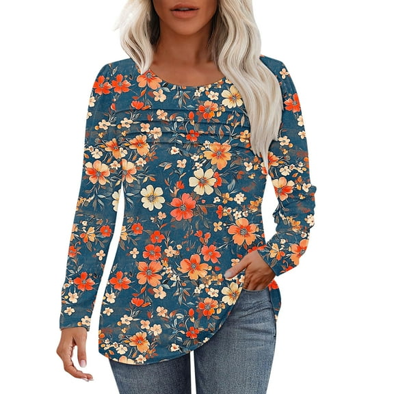 Betivan Fall Clearances-Tops Womens Fashion Blue and White Porcelain Printed Long Sleeve Tops Pleated Fall Tunic T-Shirts Chinoiserie Crew Neck Hide Belly Blouses