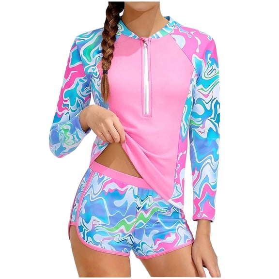 Betivan Kids Swimsuit Girls Split Long Sleeve Wave Print Surfing Suit Age 8-14 Sun Protection Outfit Quick Dry Fabric Beach Sports Pool Activity Outdoor Training
