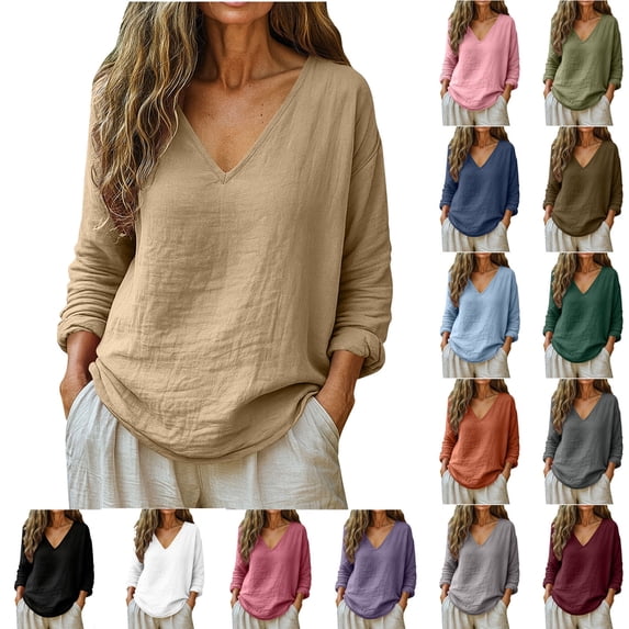 Betivan Linen Shirts for Women Spring Trendy Long Sleeve V Neck Loose Dressy Blouses Cotton Summer Beach Boho Casual Outfits