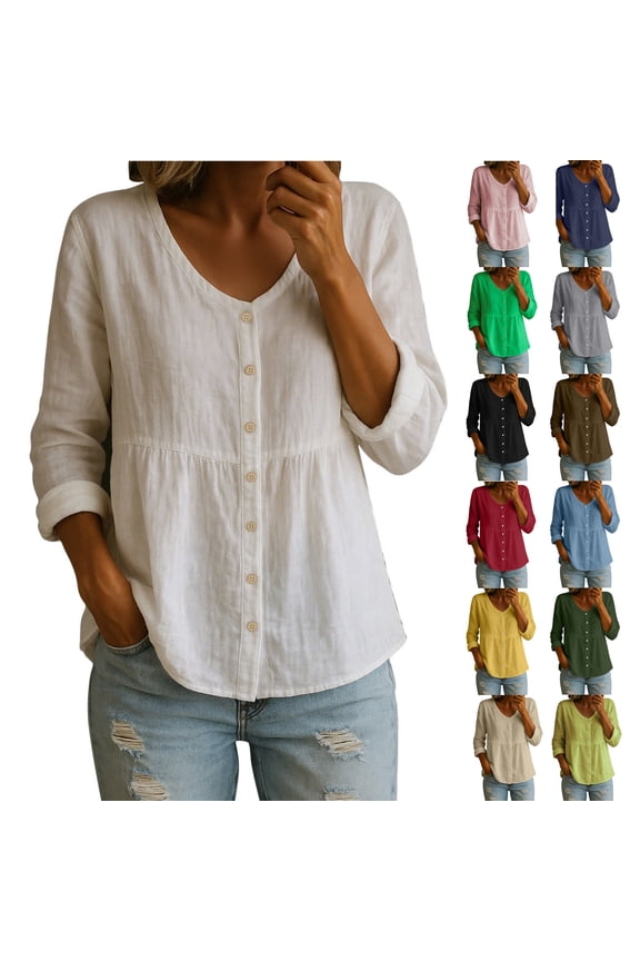 Linen Shirts for Women Summer Empire Waist Cotton Button Peplum Blouse Casual Plus Size Lightweight Gauze Tunic Tops