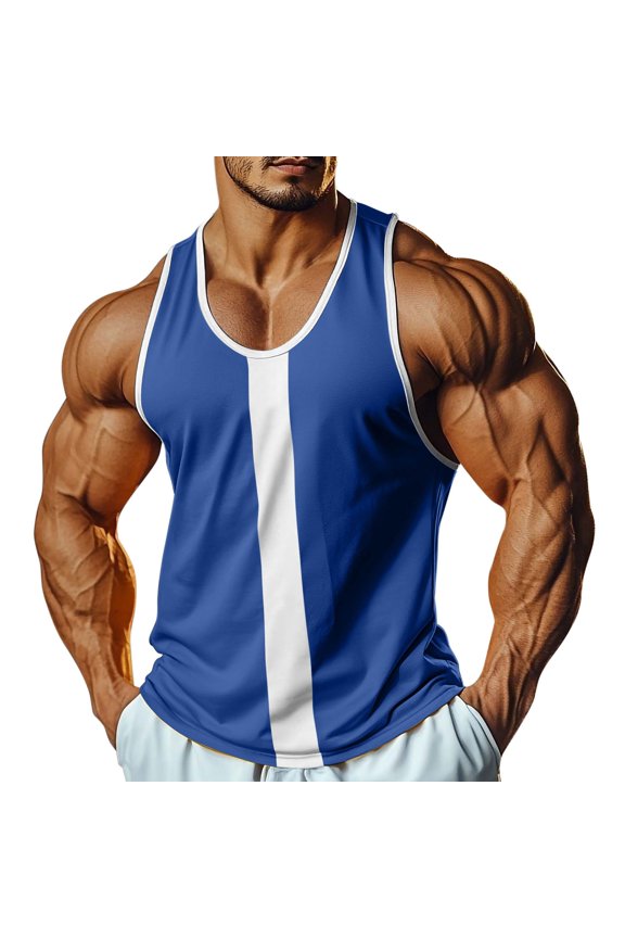 Men Athletic Vests Wide Round Neck Color Block Sleeveless Fitness Tops Compression Shirt for Men Breathable Gym Sports Training