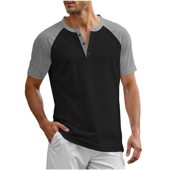 Betivan Men Crew Neck Tops Short Sleeves Button Color Block Shoulder Blouses Grunt Style Shirts for Men Breathable Sports Daily Outings