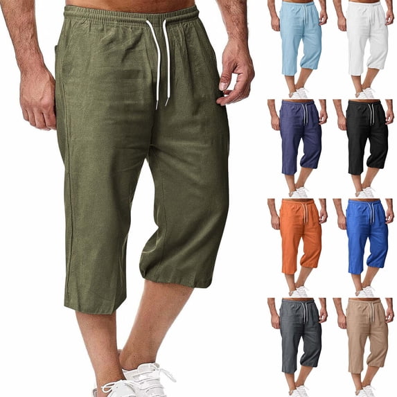 Betivan Men Linen Capri Pants Solid Color Drawstring Elastic Waist Pockets Loose Casual Straight Leg 3/4 Length Trousers