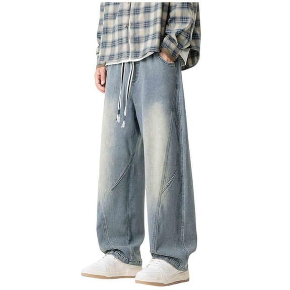 Betivan Men Solid-Color Casual Loose Vintage Fleece-Lined Denim Pants, Drawstring Pocket Wide-Leg Warm Long Trousers