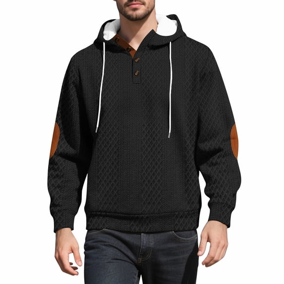 Betivan Men's Block Striped Sweatshirt Hooded Casual Outdoor Long Sleeve Stand Collar Pullover Button Quarter Drawstring Solid Knitted Sweater