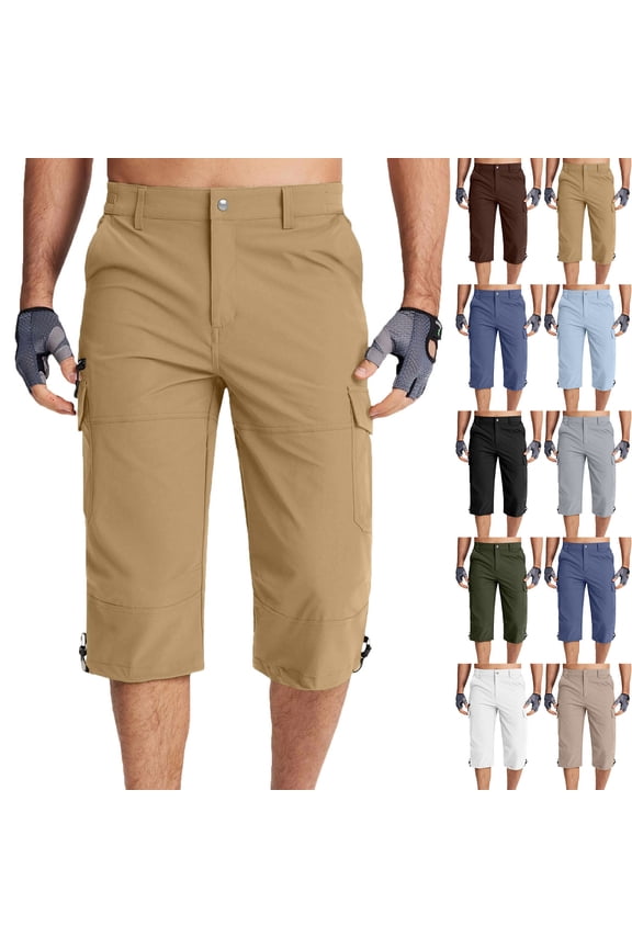 Men's Cargo Capri Pants Multi Pockets 3/4 Length Elastic Waist Solid Color Casual Workwear Outdoor Utility Pants