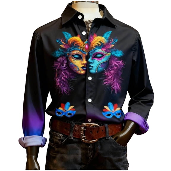 Betivan Men's Carnival Printed Long Sleeve Shirt, Casual Turndown Collar Button Top, Festive Fun Design, for Parties Holiday Daily Weekend
