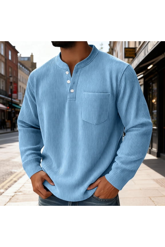 Men's Casual Corduroy Long Sleeve Shirt, Stand Collar Button Design, Solid Color 3-Button Casual Daily Wear Blouse Top